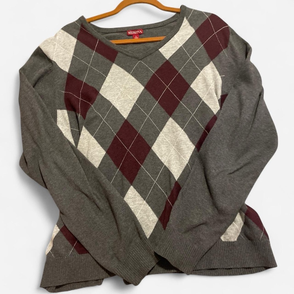 Merona Gray Argyle Sweater with Burgundy and Cream